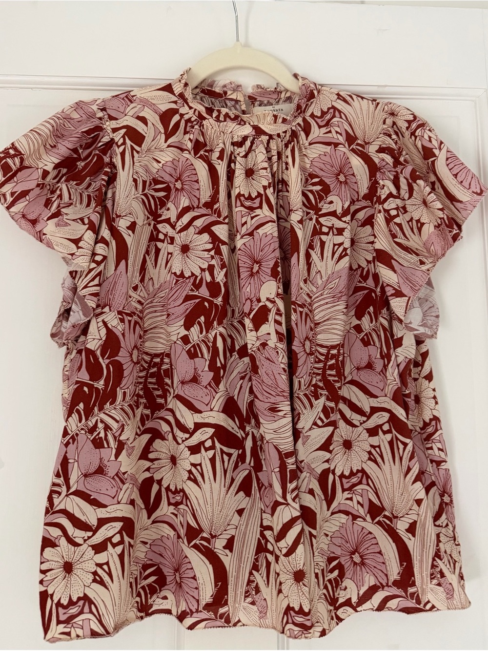 Trovará Birds of Paradise Floral Ruffle Neck Blouse - Pink & Burgundy
